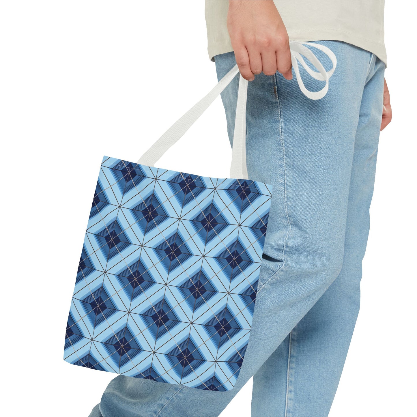 Blue Geometric Tote Bag — Repeating Diamond Pattern AOP