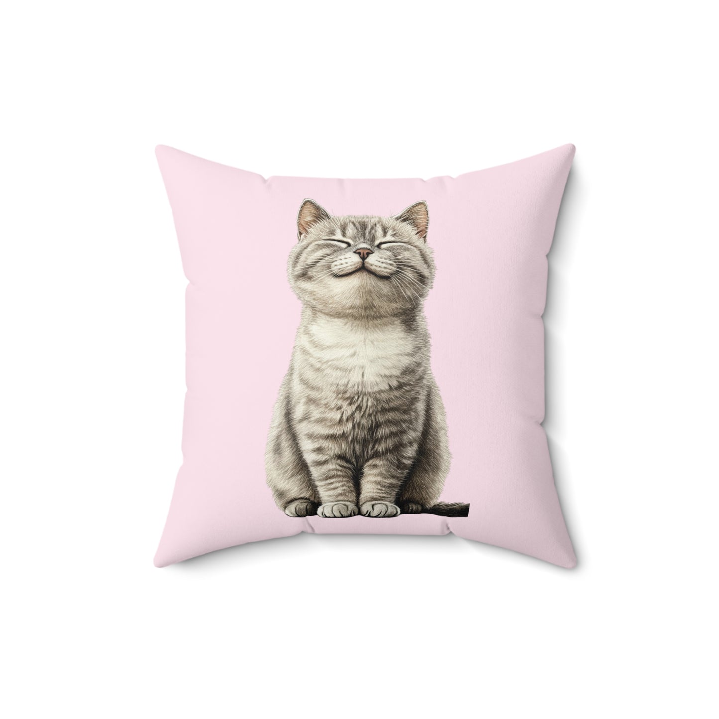 Smiling Cat Throw Pillow — Cute Grey Kitten on Pink Decorative Pillow