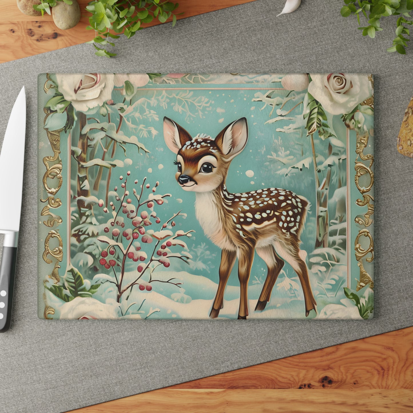 Winter Forest Deer Glass Cutting Board, Kitchen Décor, Unique Gift, Holiday Entertaining, Rustic Home Decor, Woodland Animal Design