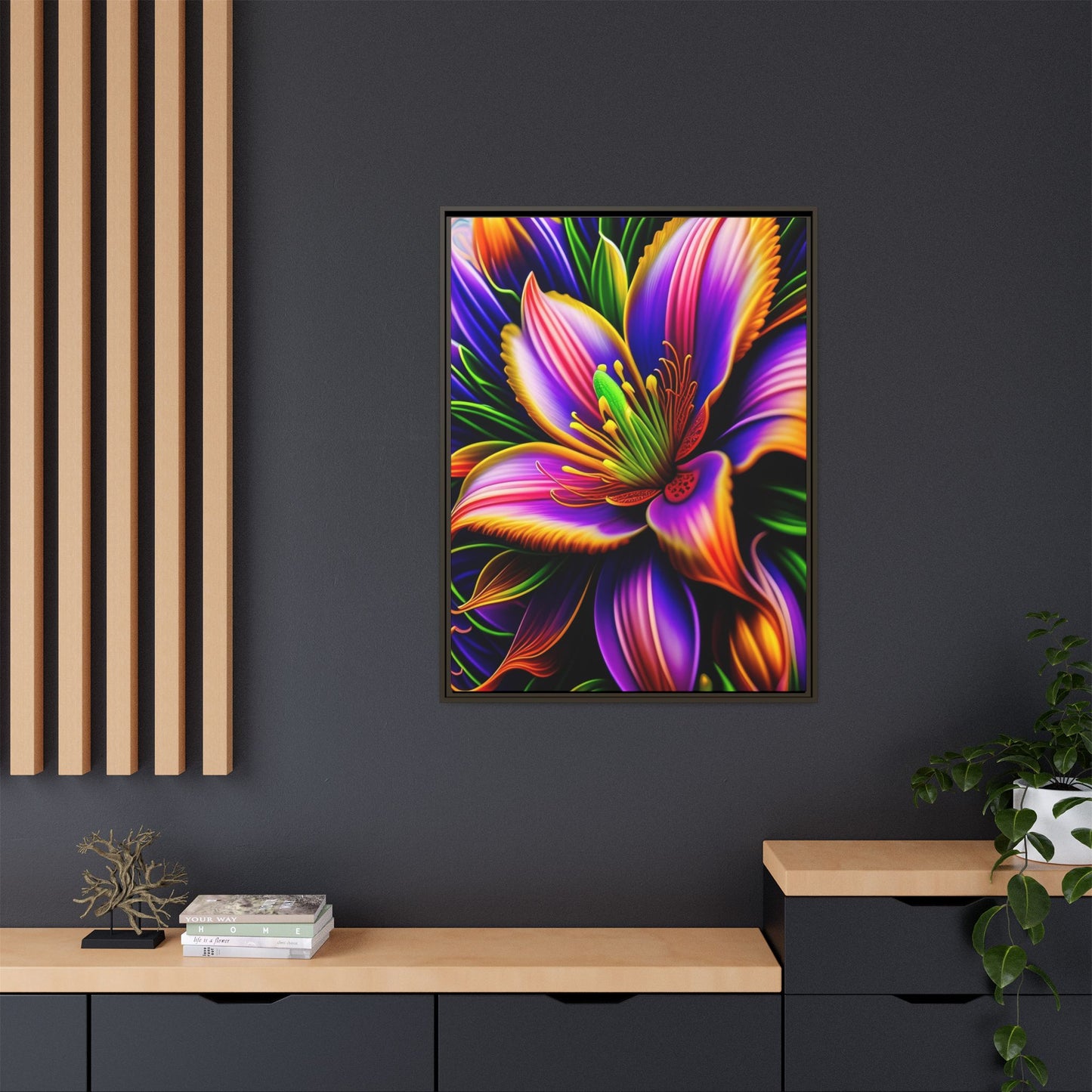 Vibrant Neon Floral Matte Canvas Print — Framed Wall Art