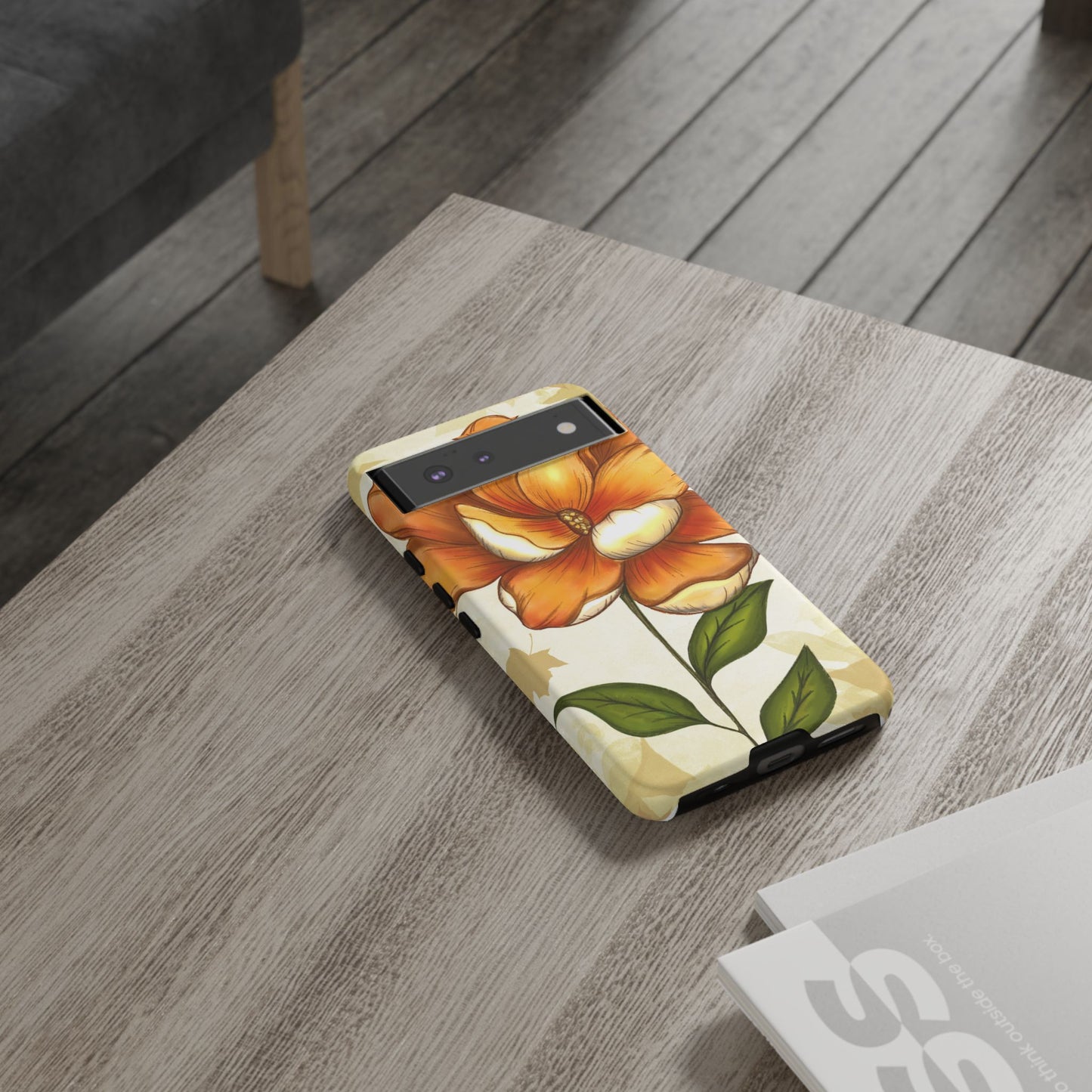 Floral Phone Case with Orange Flower Design, Tough Phone Cover, Floral Gift, Stylish Tech Accessory, Nature Lovers, Spring Vibes