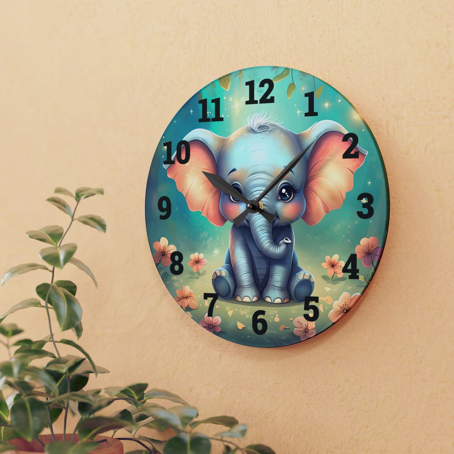Cute Elephant Acrylic Wall Clock, Colorful Nursery Decor, Kids Room