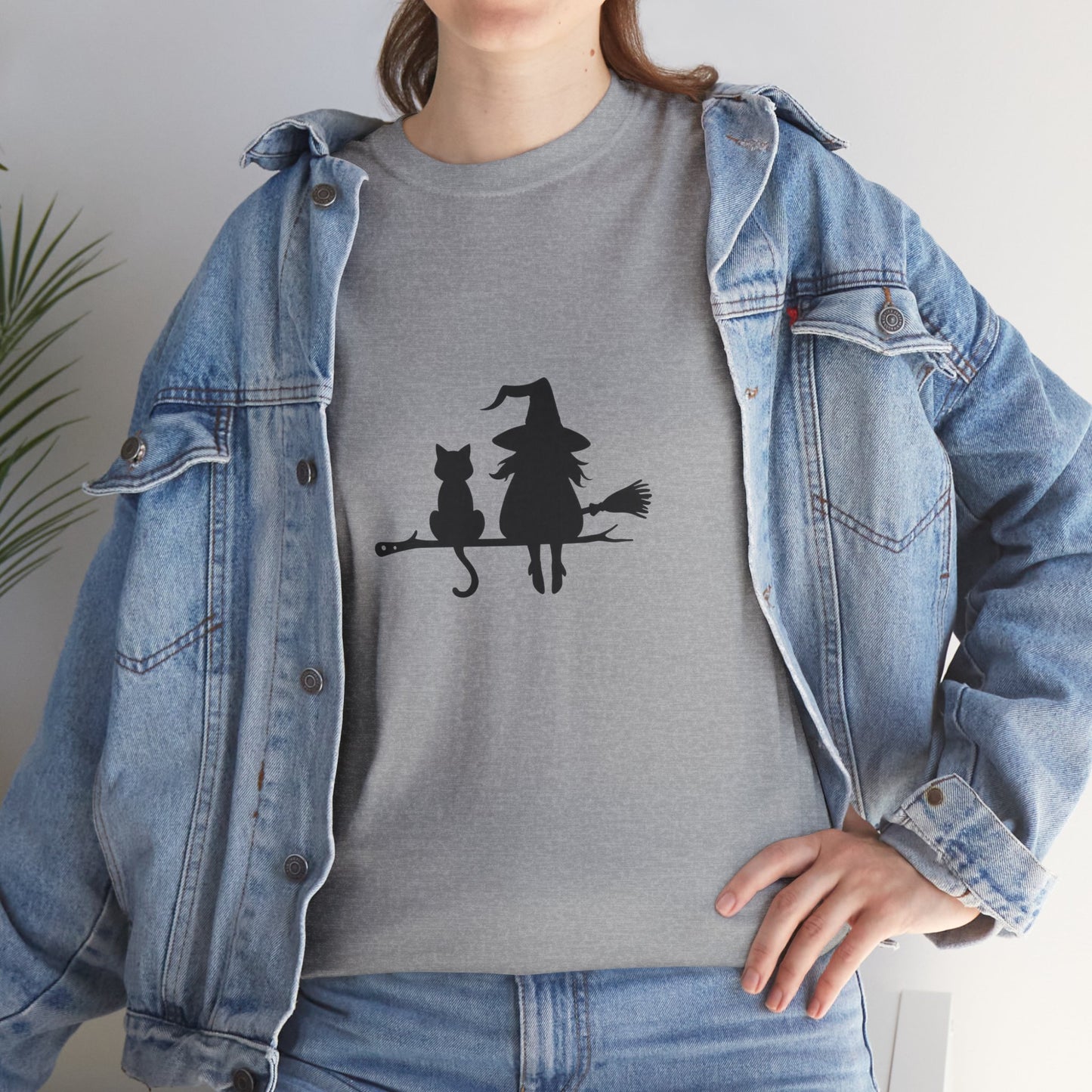 Witch and Cat Tee | Spooky Unisex Shirt for Halloween | Cute Witchwear for Cat Lovers | Fall Wardrobe Essential | Gift for Magical Friends