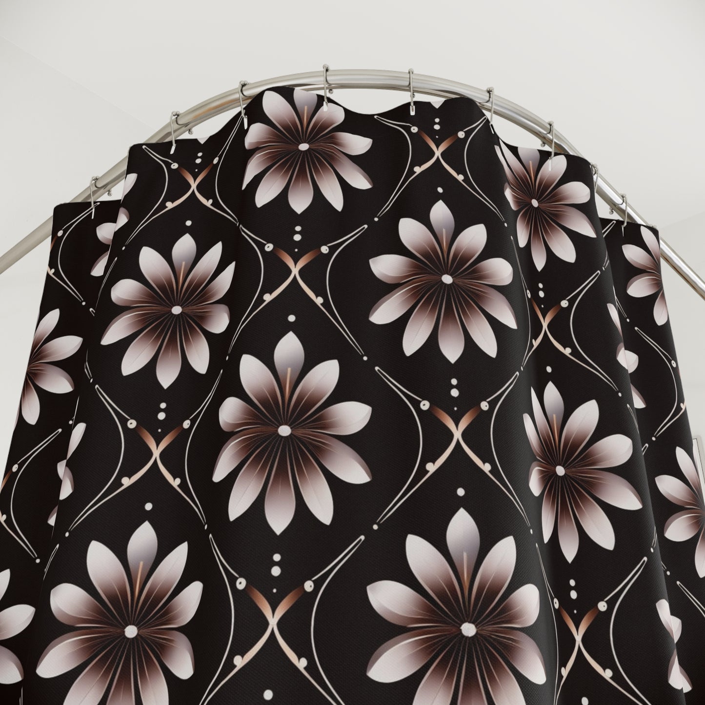 Floral Mosaic Shower Curtain — Elegant Black & Taupe Daisy Pattern