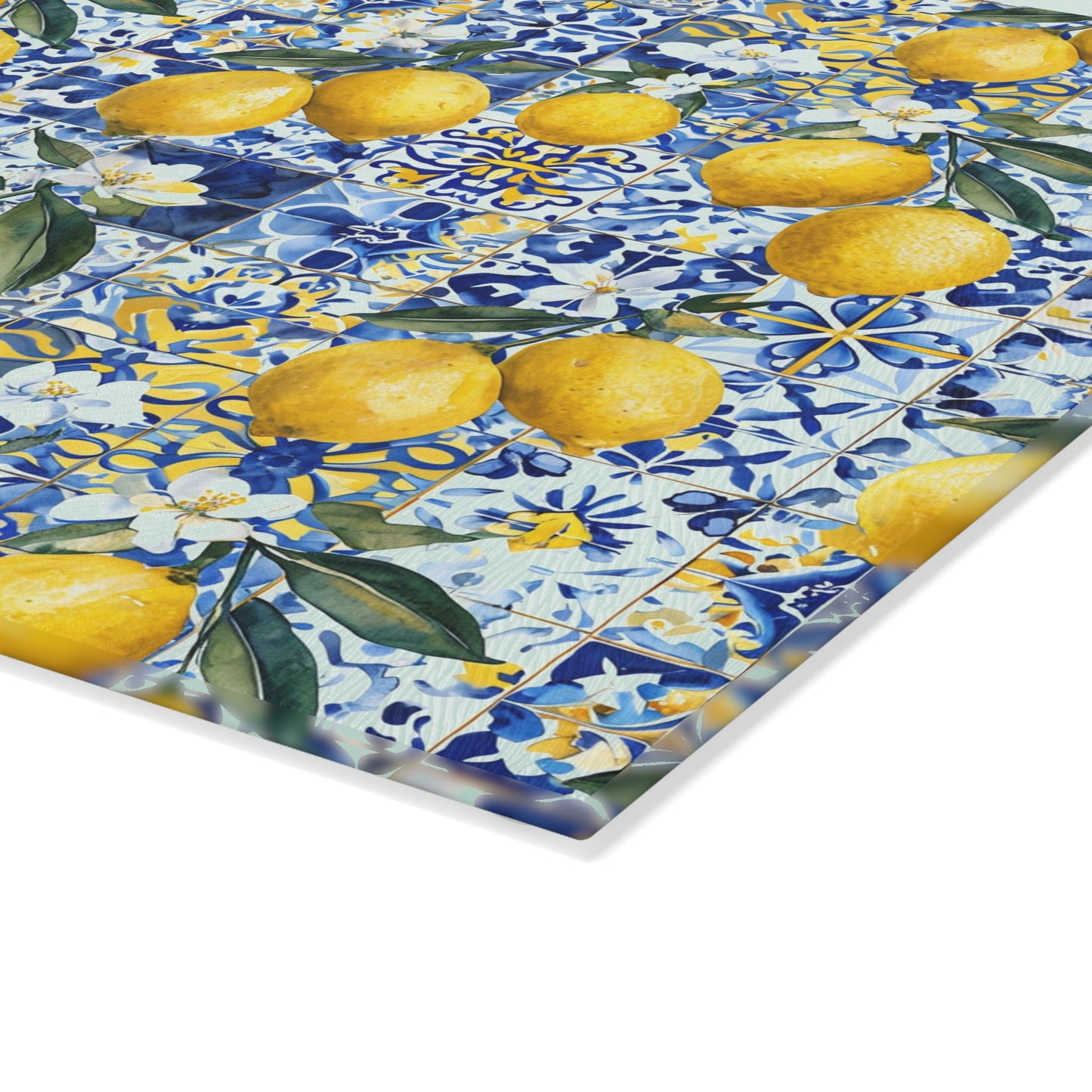 Lemon Tile Glass Cutting Board – Mediterranean Citrus Kitchen Decor