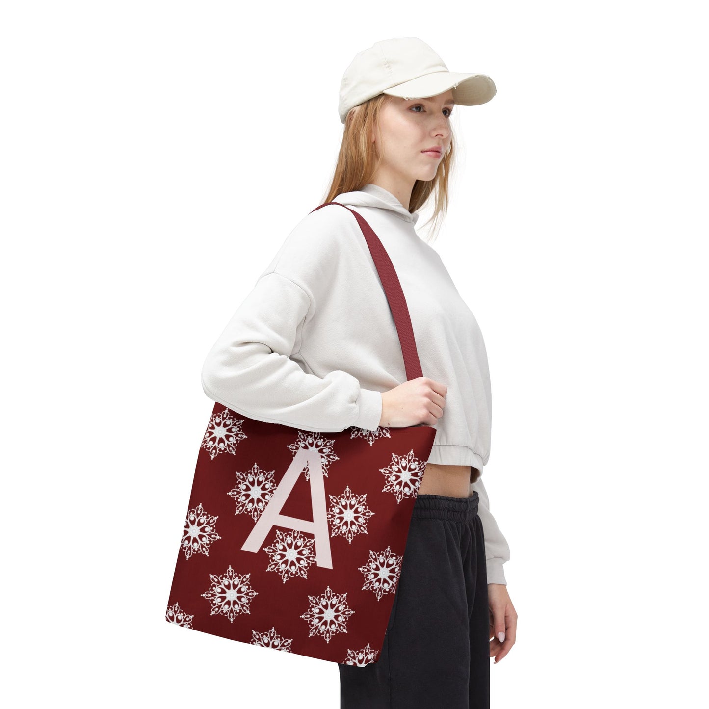 Monogram A Snowflake Tote Bag — Personalized Holiday AOP Tote