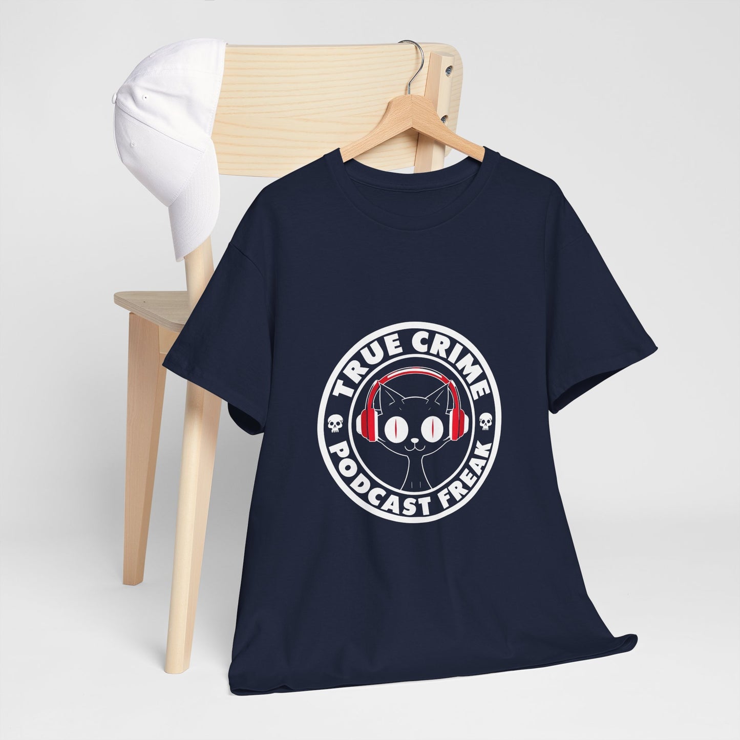 True Crime Podcast Tee — Cat with Headphones Logo