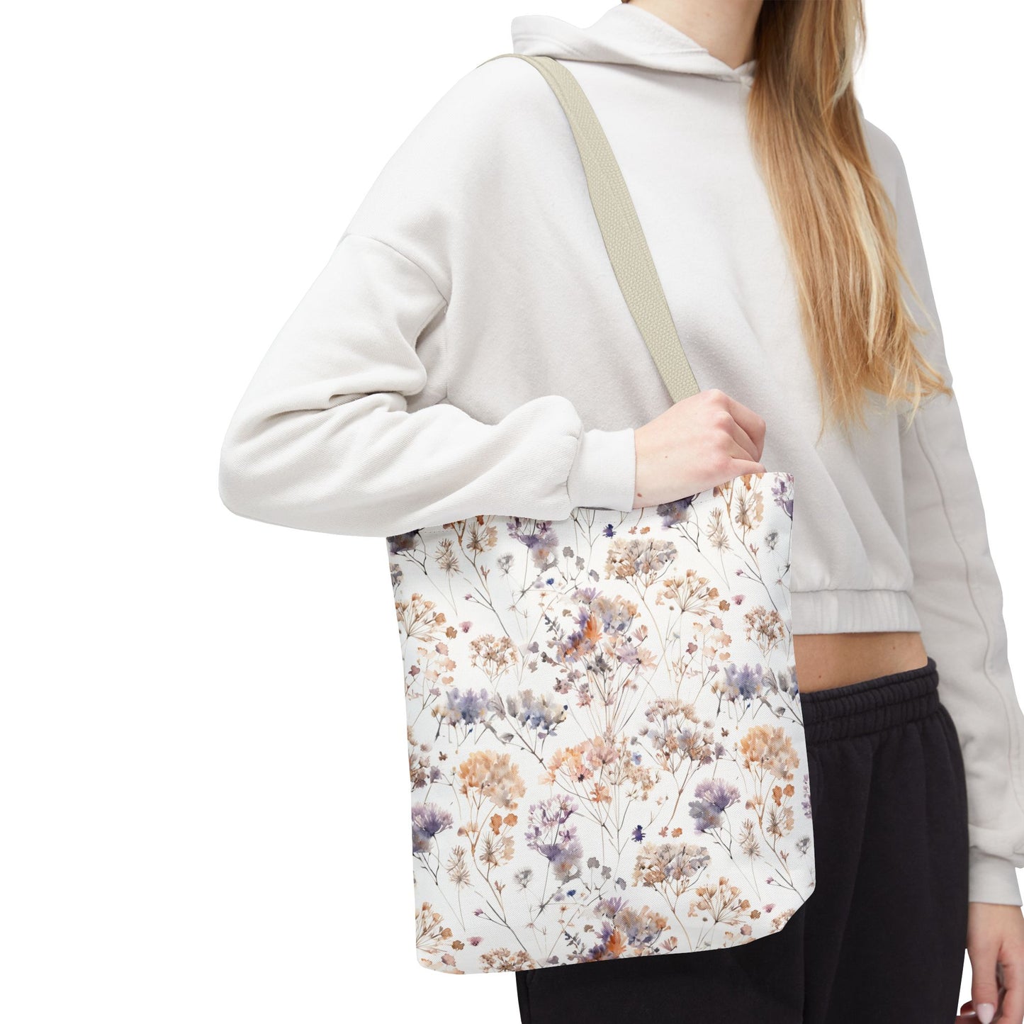 Floral Ditsy Print Tote Bag – Neutral Watercolor Wildflower Market Bag