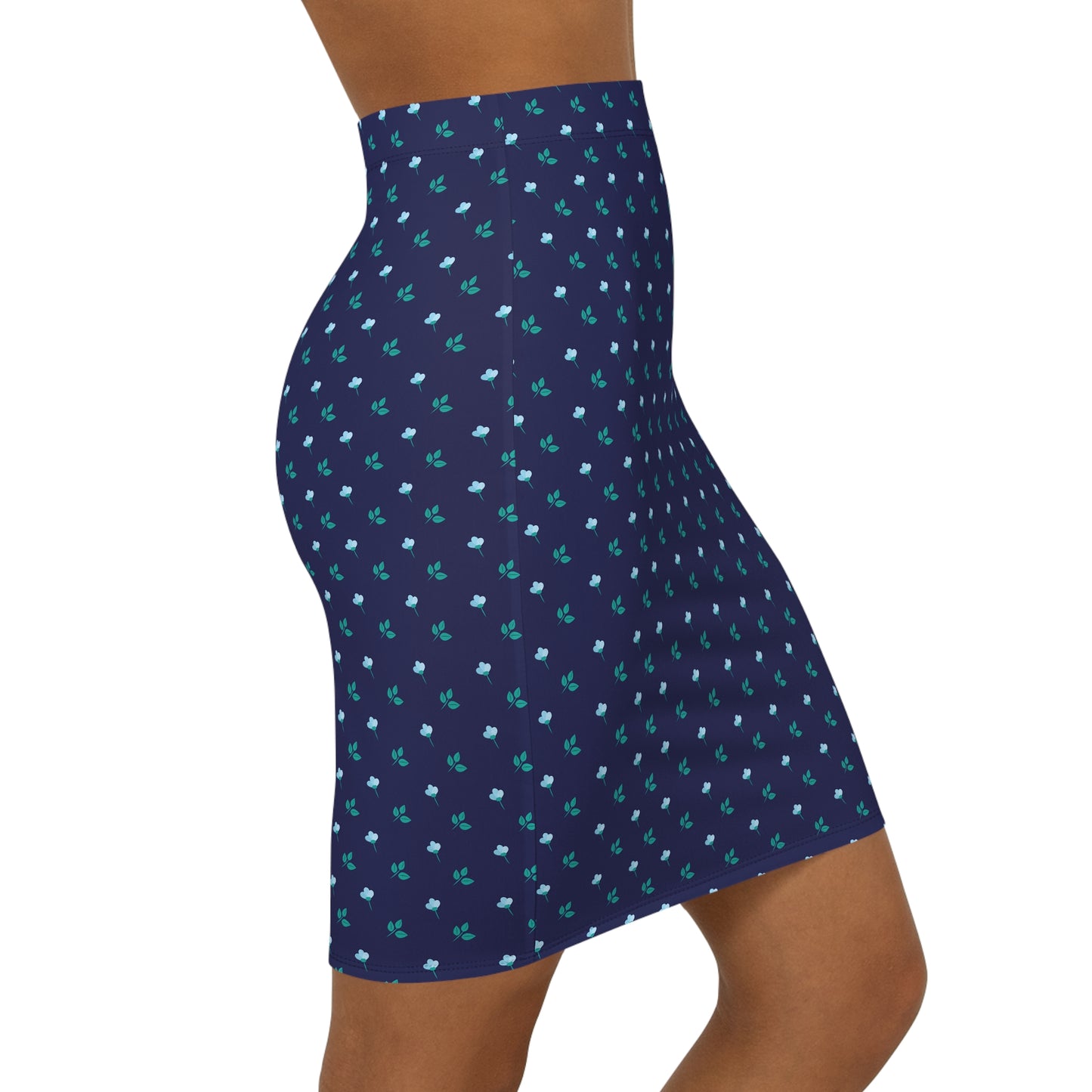 Pencil Skirt — Navy Blue Mini with Teal Floral Dot Print