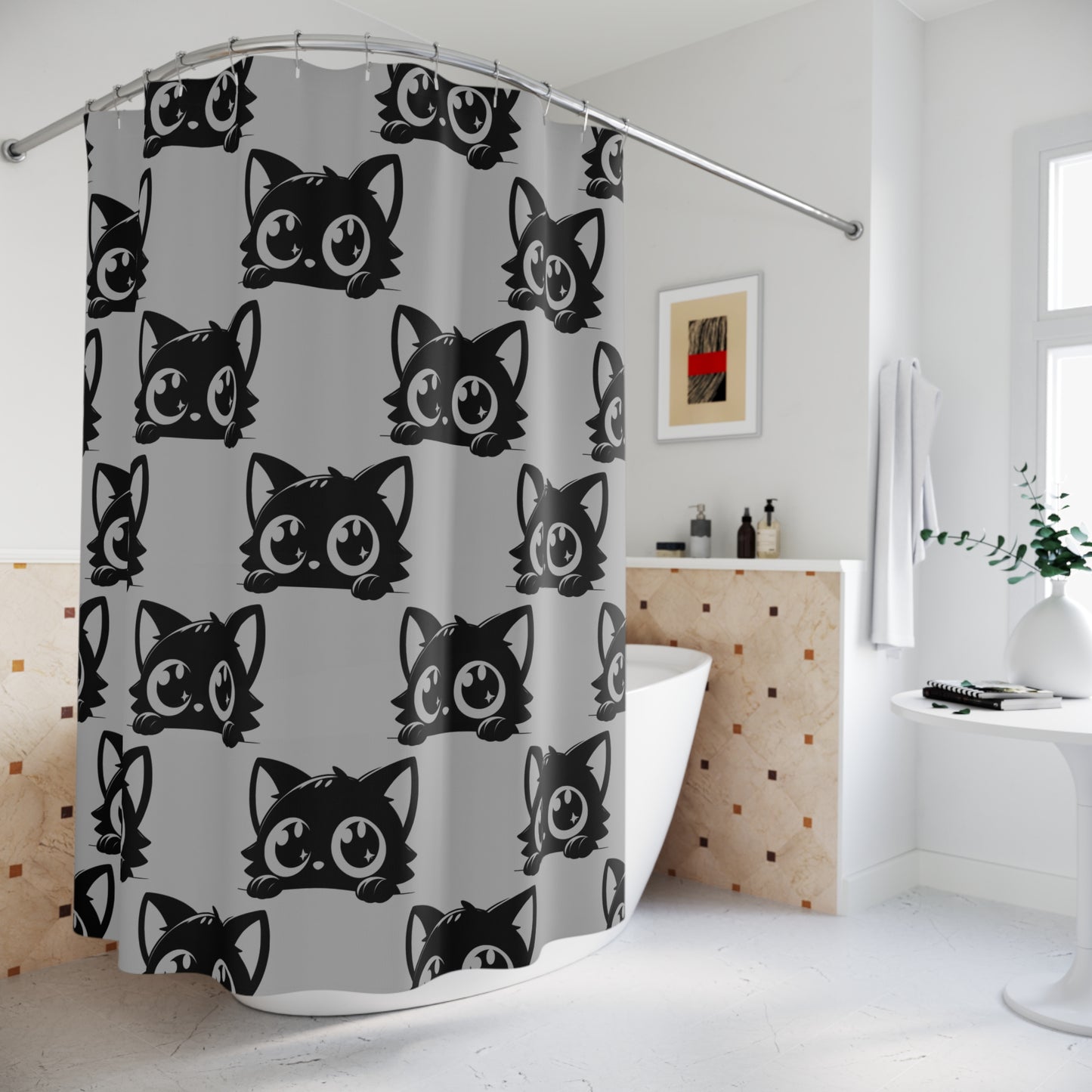 Cute Cat Shower Curtain, Black Cat Bathroom Decor, Animal Lover Gift, Kids' Room Accessory, Funny Shower Decor
