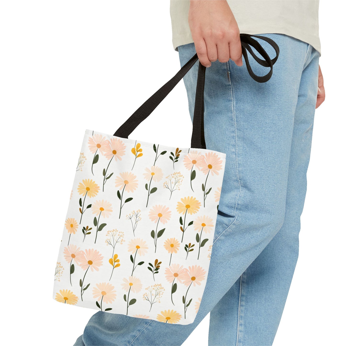 Floral Daisy Pattern Tote Bag — Pastel Spring Flowers All-Over Print