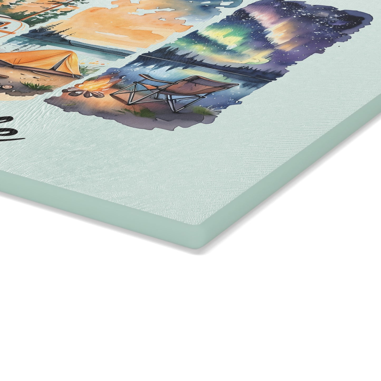 Camping Life Glass Cutting Board – Watercolor Camper, Tent & Campfire Kitchen Board