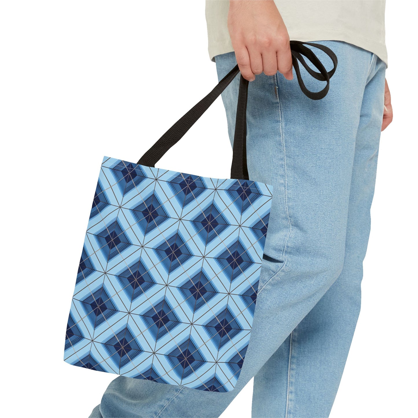 Blue Geometric Tote Bag — Repeating Diamond Pattern AOP