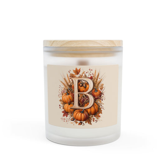 Autumn Monogram Candle — Frosted 11oz Pumpkin Initial "B"