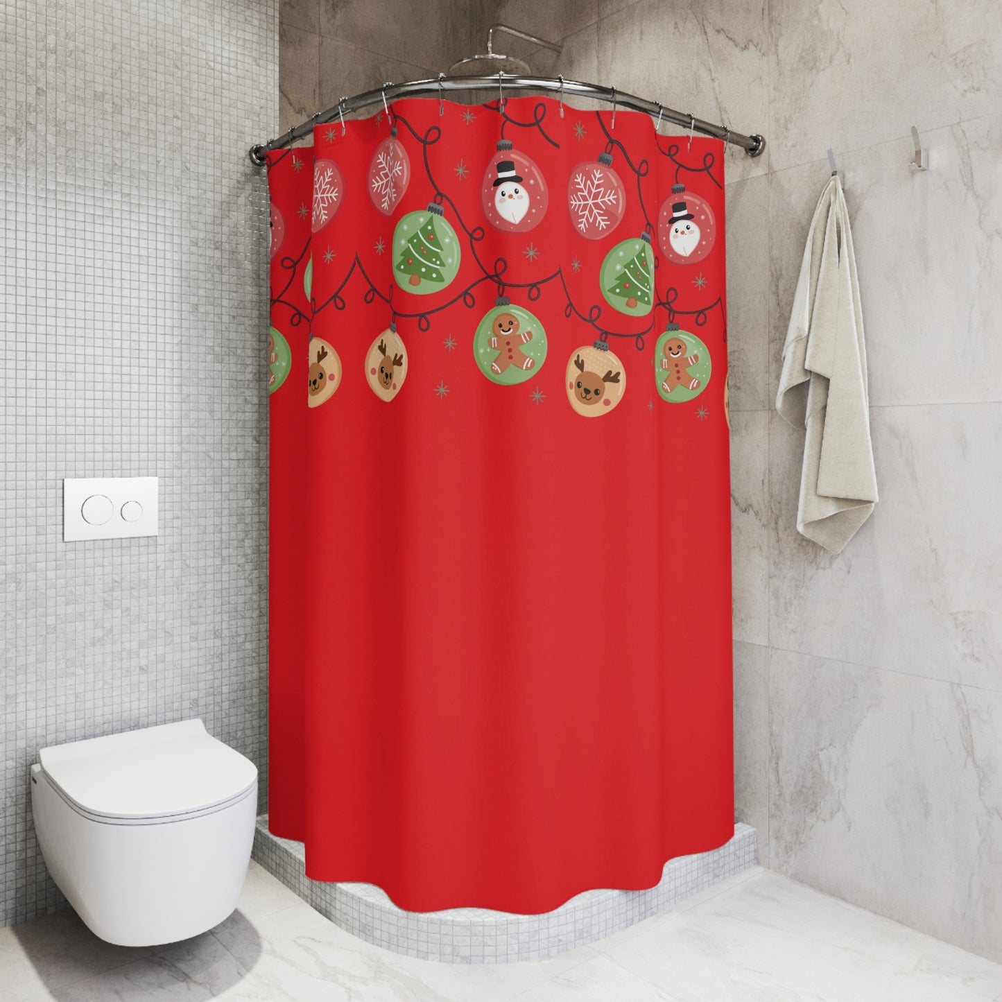 Festive Holiday Shower Curtains, Christmas Decor, Bathroom Accessories, Holiday Gift, Red Shower Curtain with Ornaments