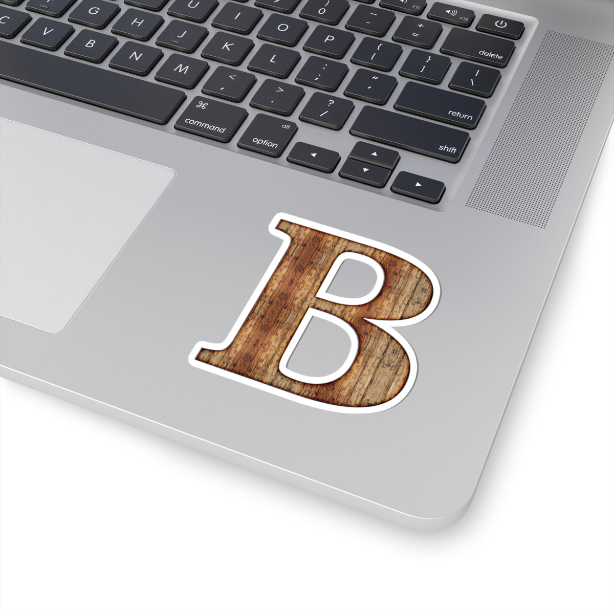 Woodgrain Letter B Kiss-Cut Sticker — Rustic Monogram Decal for Laptops, Water Bottles & Gifts
