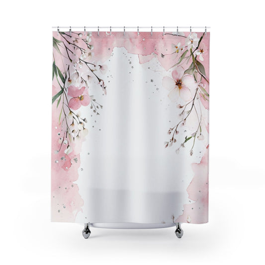 Floral Pink Watercolor Shower Curtain — Soft Botanical Bathroom Decor