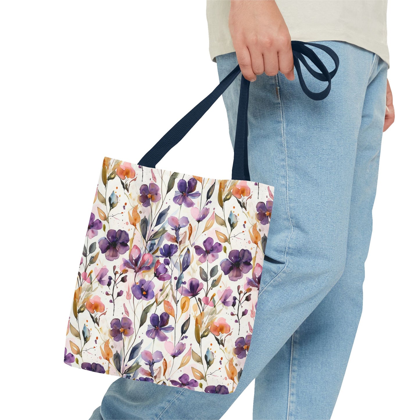 Floral Watercolor Tote Bag — Purple & Orange Botanical All-Over Print