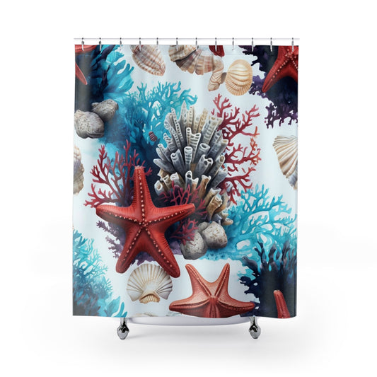 Coastal Seashell & Starfish Shower Curtain — Nautical Coral Bathroom Decor