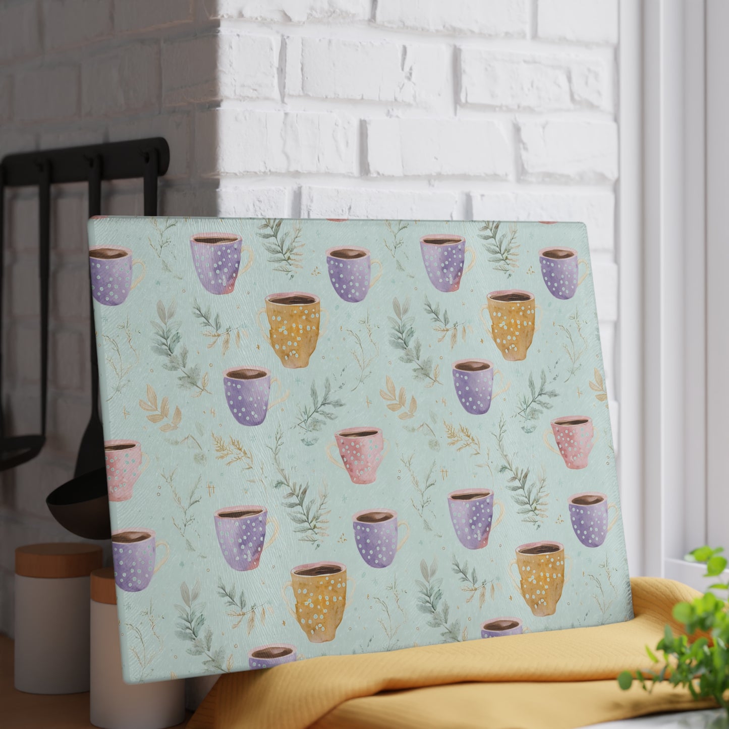 Ceramic Mugs Pattern Glass Cutting Board — Pastel Teacup Kitchen Chopping Board
