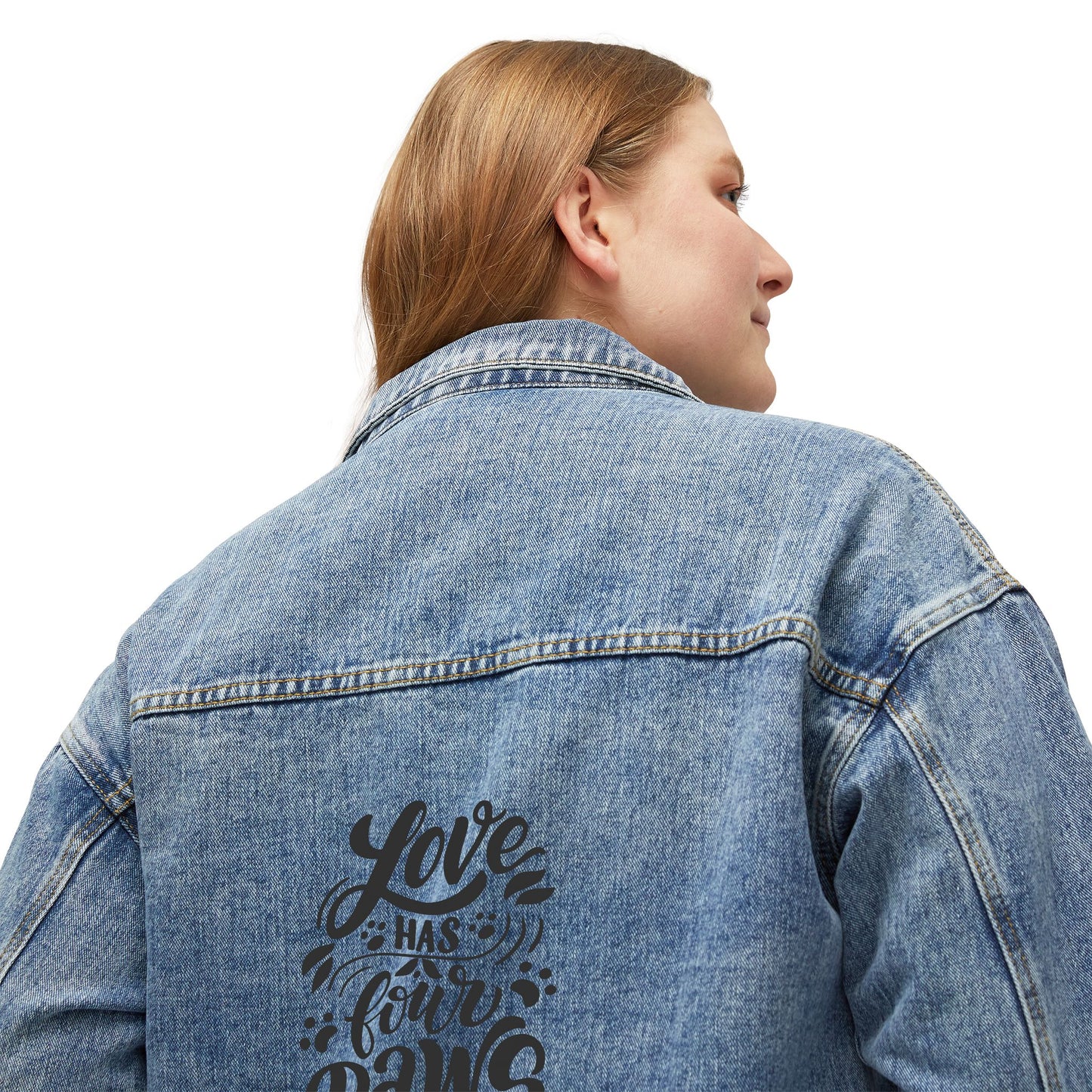 Denim Jacket — "Love Has My Heart, Call It Paws" Back Graphic Women’s Jean Jacket