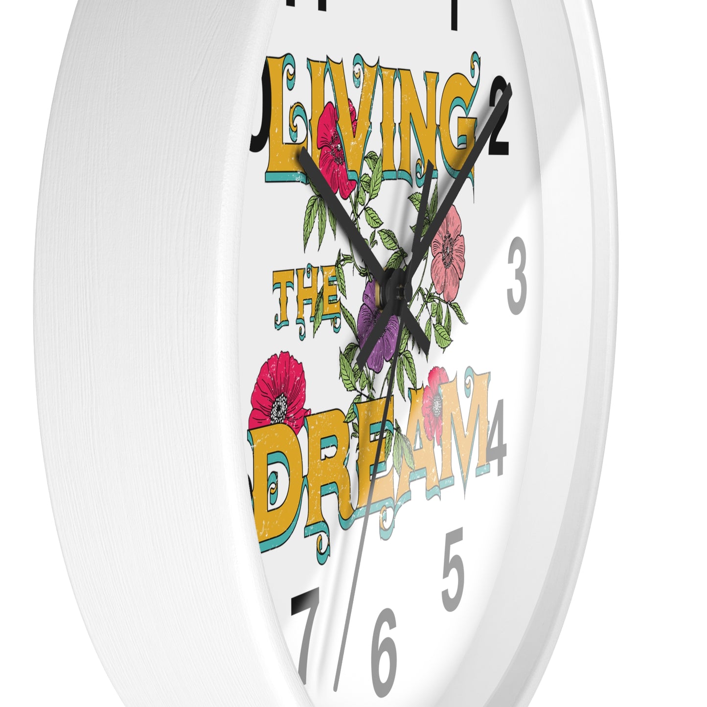 Living the Dream Floral Wall Clock, Boho Home Decor, Motivational Gift, Office Clock, Unique Wall Art
