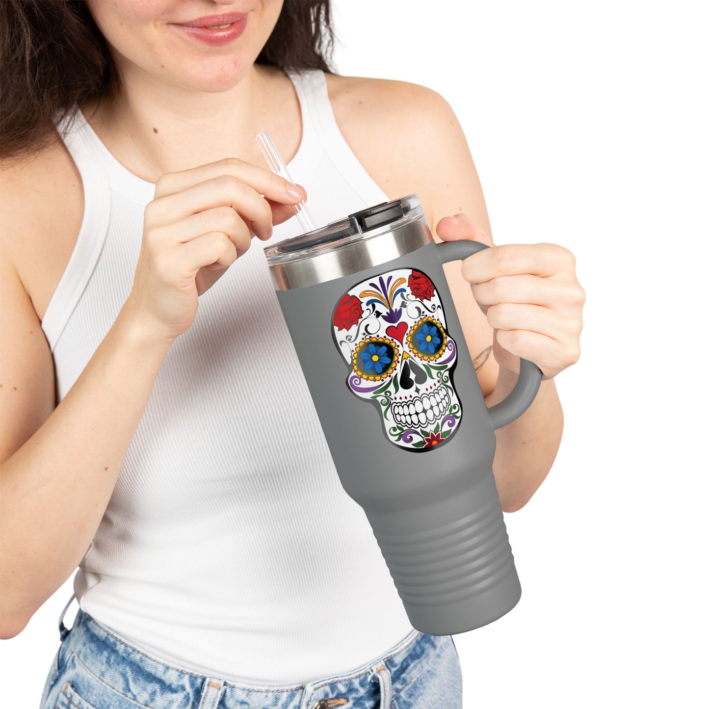 Colorful Sugar Skull Insulated Travel Mug, 40oz, Perfect for Road Trips, Gifts