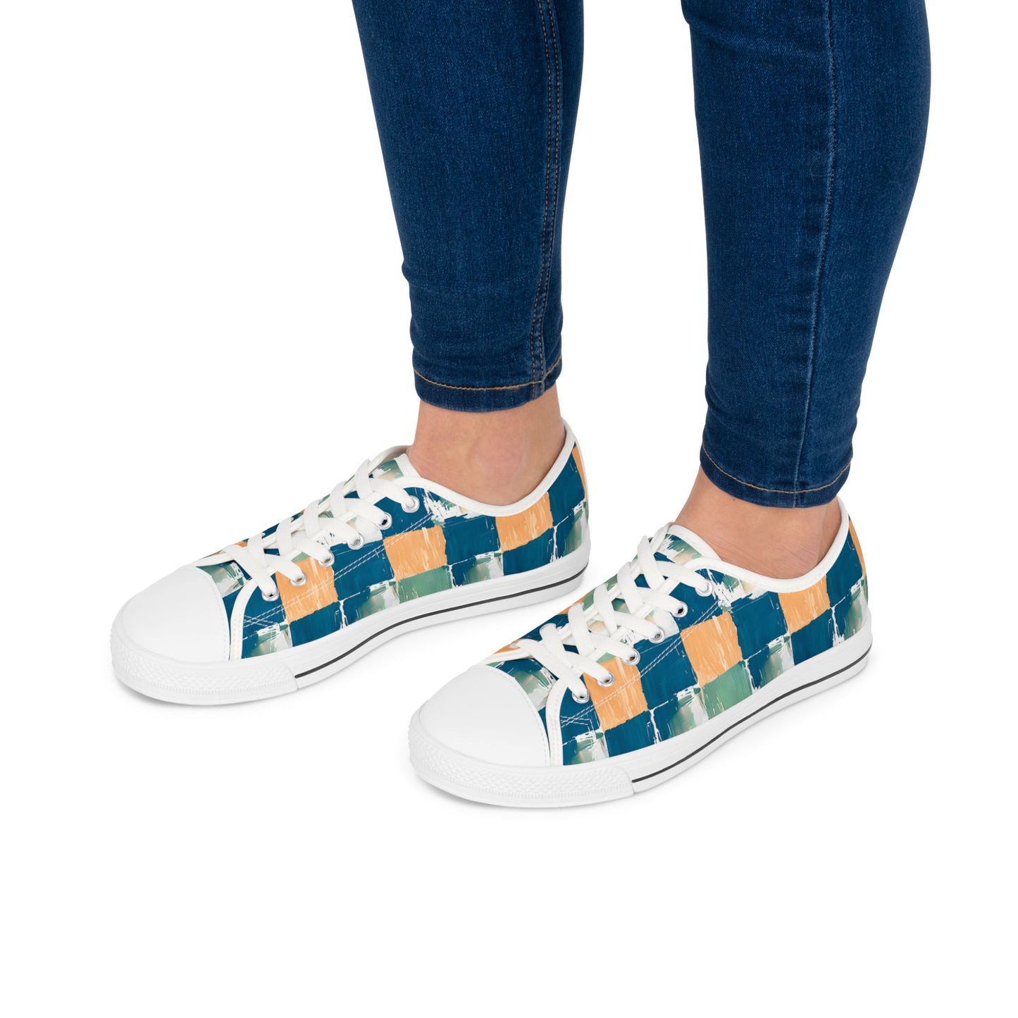 Canvas Sneakers — Hand-Painted Checkerboard in Teal, Orange & Mint