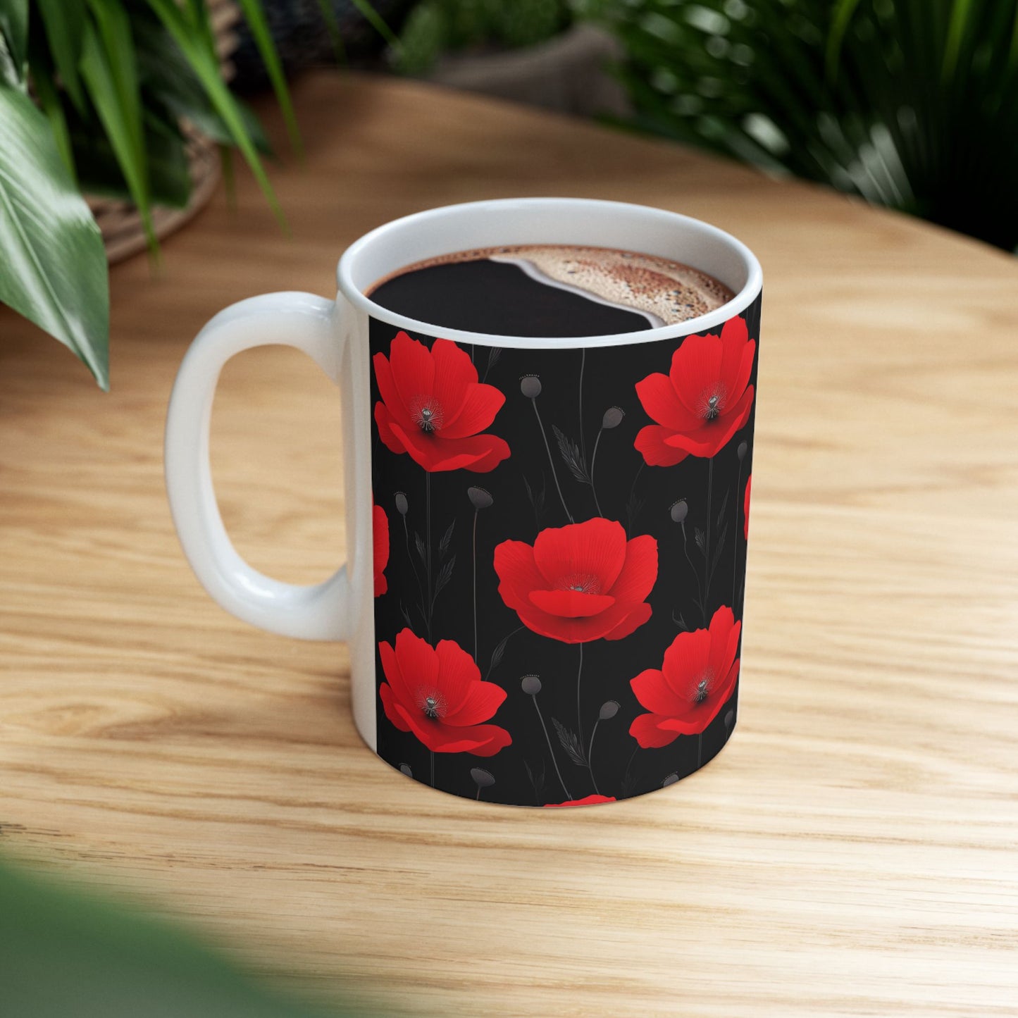Red Poppy Floral Mug — Black Background Ceramic Coffee Cup (11oz, 15oz)