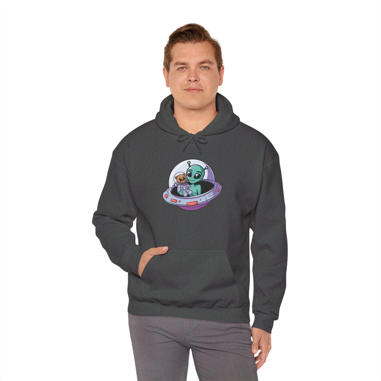 Cute Alien and Kid Hoodie, Unisex Heavy Blend Sweatshirt, UFO Lover Gift, Halloween Costume, Space-Themed Outfit, Birthday Present