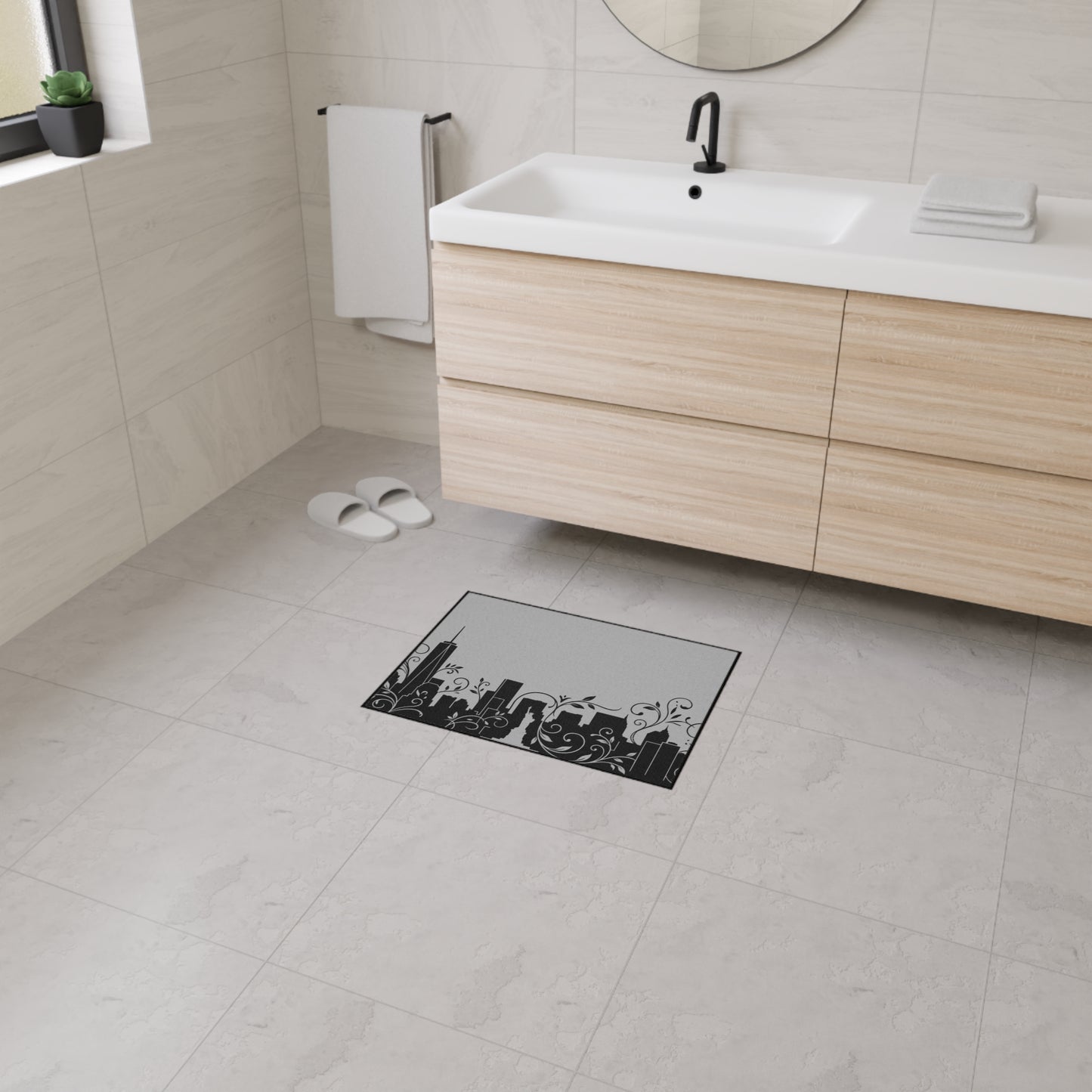 City Skyline Heavy-Duty Floor Mat — Black Urban Floral Door Rug