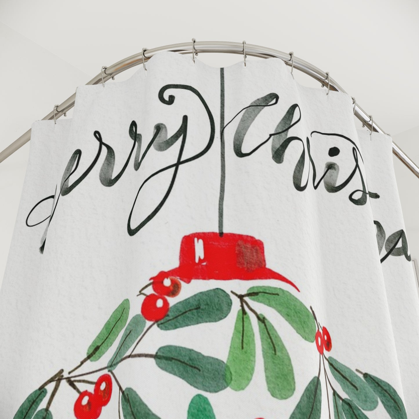 Merry Christmas Shower Curtain, Holiday Bathroom Decor, Festive Gift, Seasonal Decoration, Wreath Design