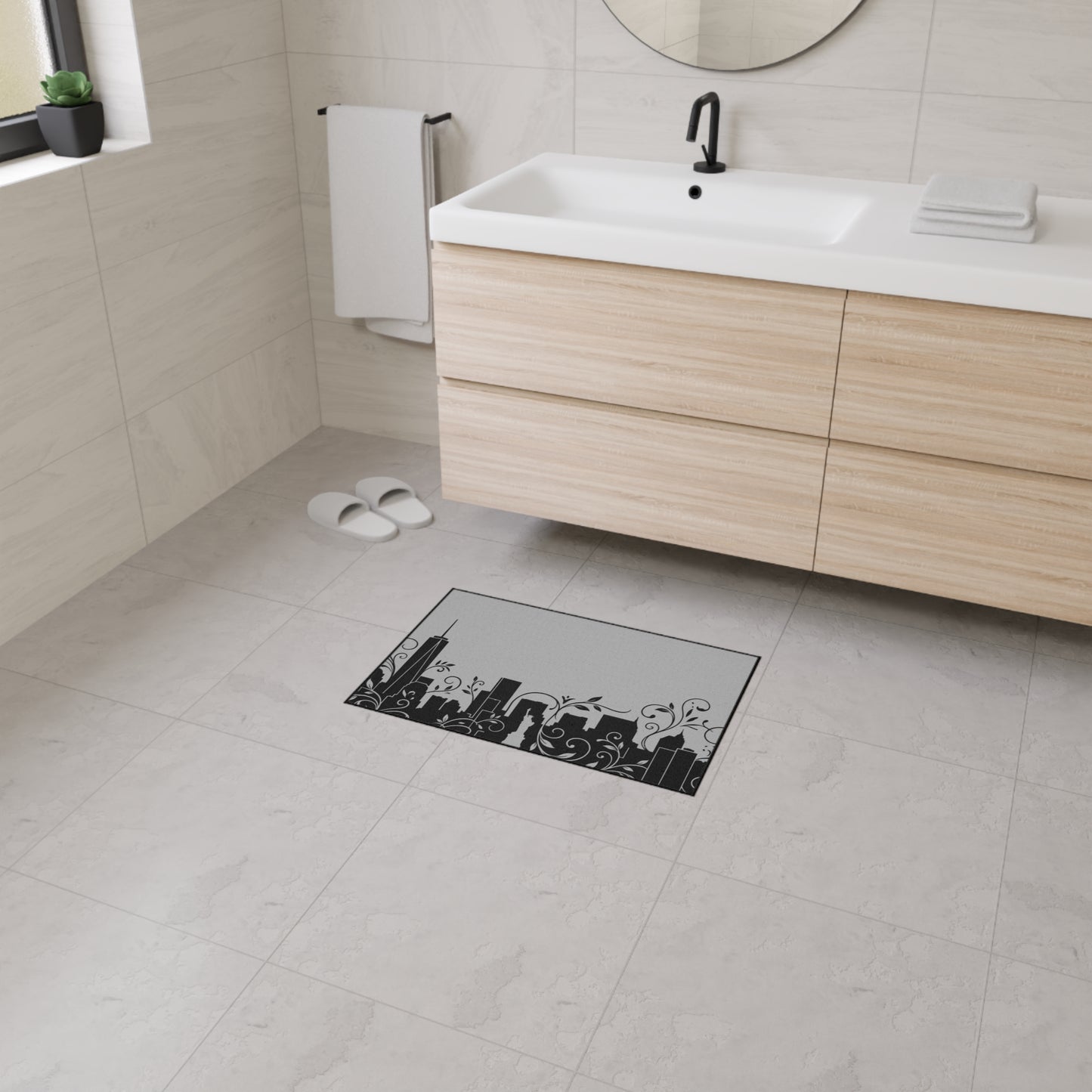 City Skyline Heavy-Duty Floor Mat — Black Urban Floral Door Rug