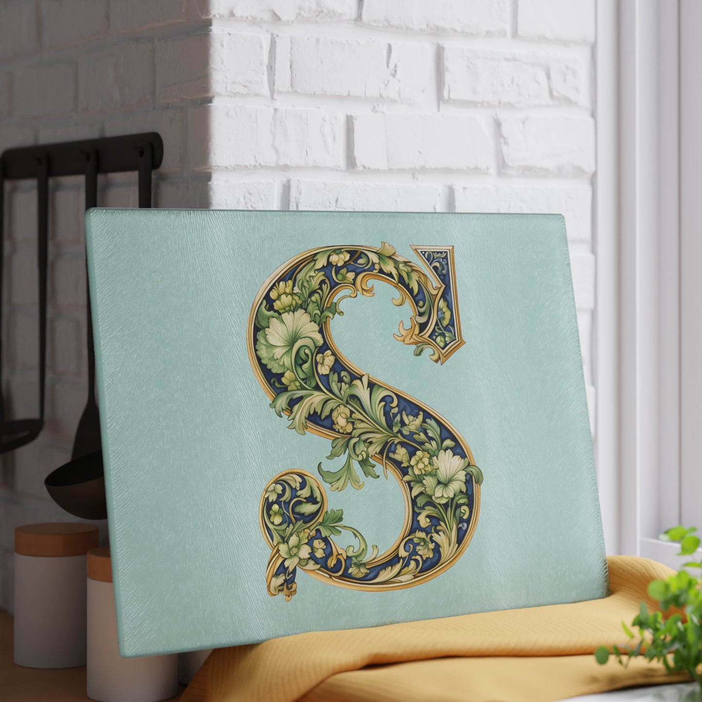 Monogram S Floral Glass Cutting Board – Decorative Initial S Kitchen Board