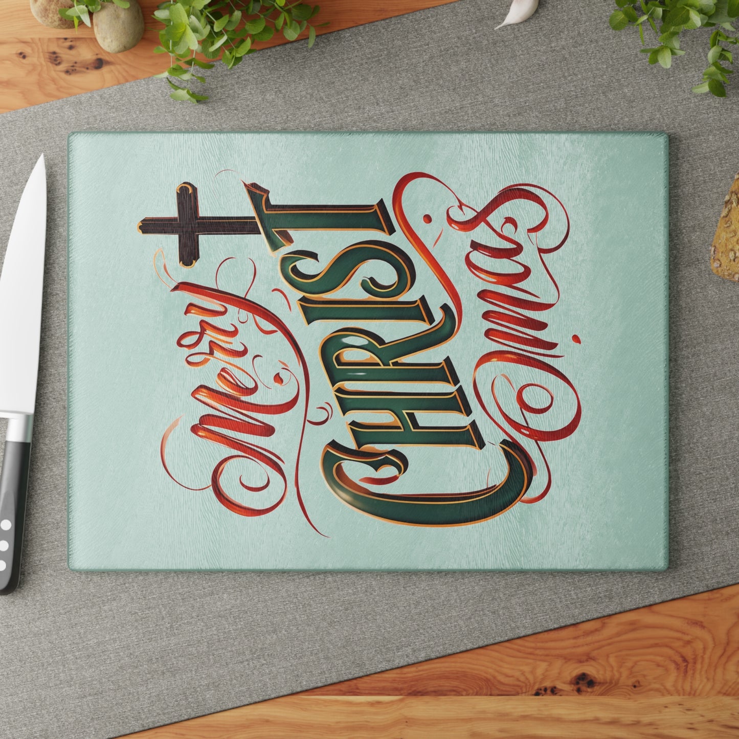 Glass Cutting Board - 'Merry Christmas' Festive Holiday Serving & Prep Board