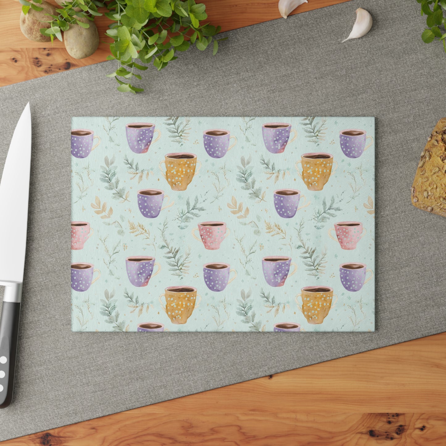 Ceramic Mugs Pattern Glass Cutting Board — Pastel Teacup Kitchen Chopping Board