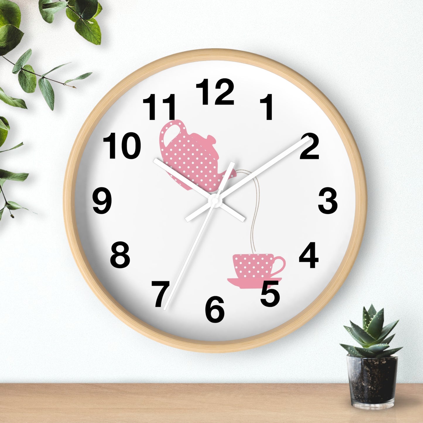 Charming Teapot Wall Clock, Home Decor, Kitchen Gift, Cute Coffee Time, Tea Lover's Gift, Pink Polka Dot Design