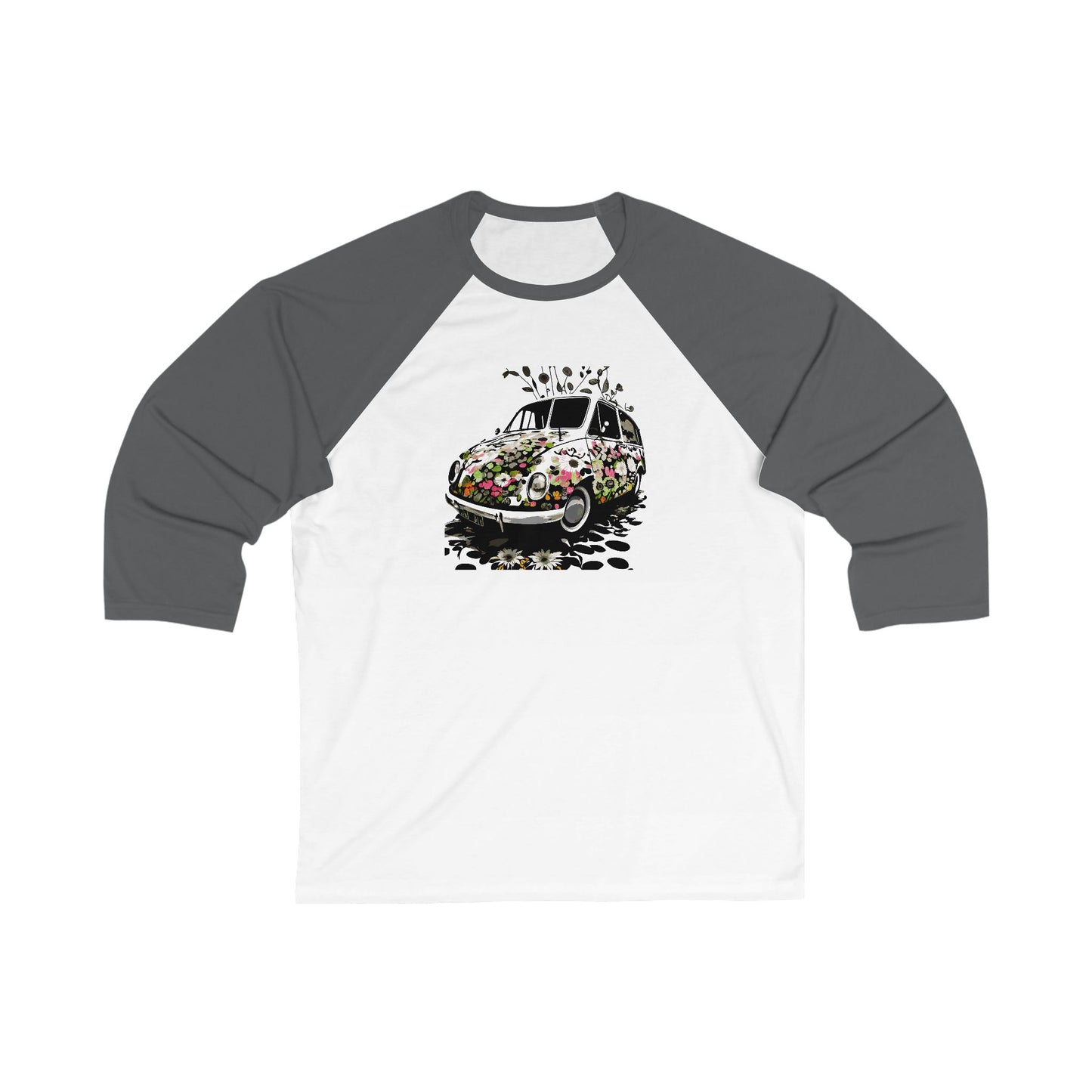 Floral Vintage Car Baseball Tee - Unisex 3/4 Sleeve Shirt, Gift for Car Lovers, Spring Fashion, Retro Style, Cute Casual Wear