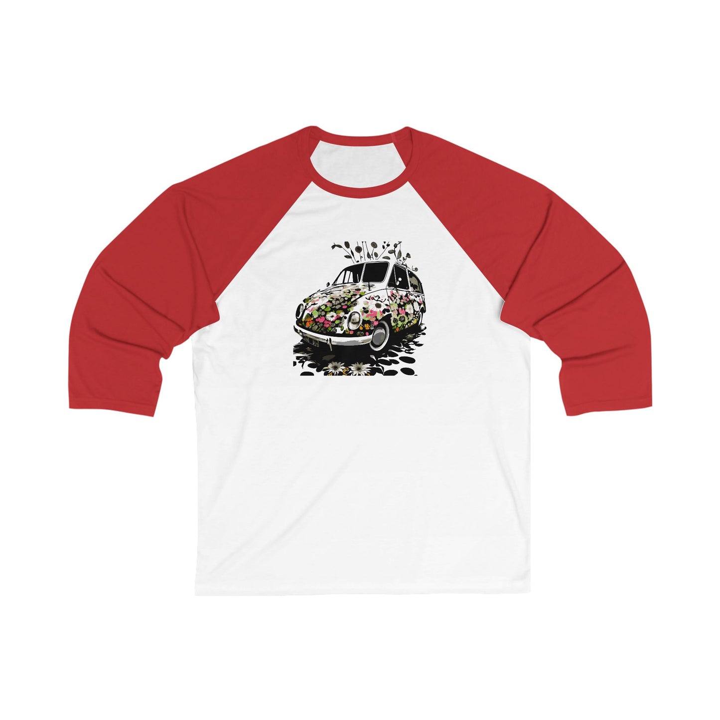 Floral Vintage Car Baseball Tee - Unisex 3/4 Sleeve Shirt, Gift for Car Lovers, Spring Fashion, Retro Style, Cute Casual Wear