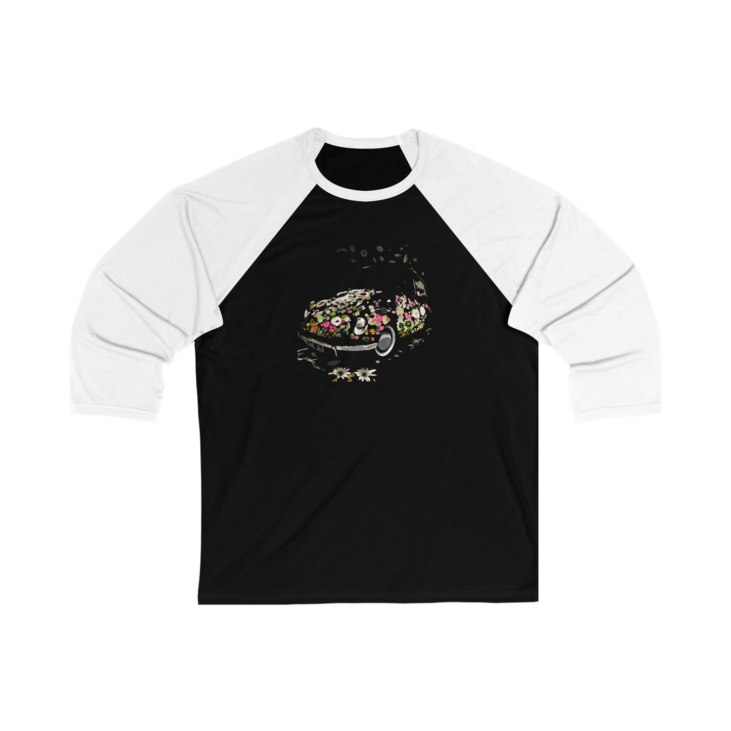 Floral Vintage Car Baseball Tee - Unisex 3/4 Sleeve Shirt, Gift for Car Lovers, Spring Fashion, Retro Style, Cute Casual Wear