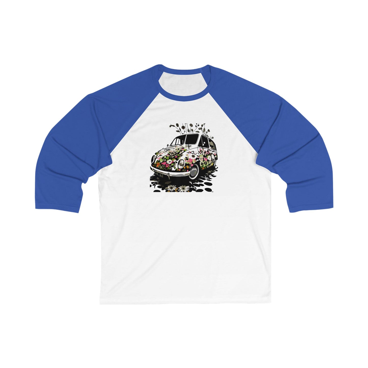 Floral Vintage Car Baseball Tee - Unisex 3/4 Sleeve Shirt, Gift for Car Lovers, Spring Fashion, Retro Style, Cute Casual Wear