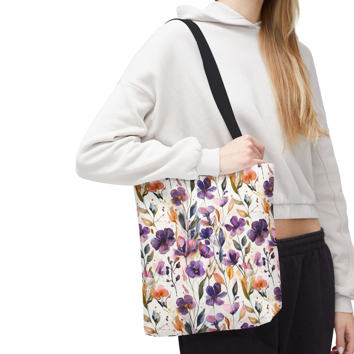 Floral Watercolor Tote Bag — Purple & Orange Botanical All-Over Print