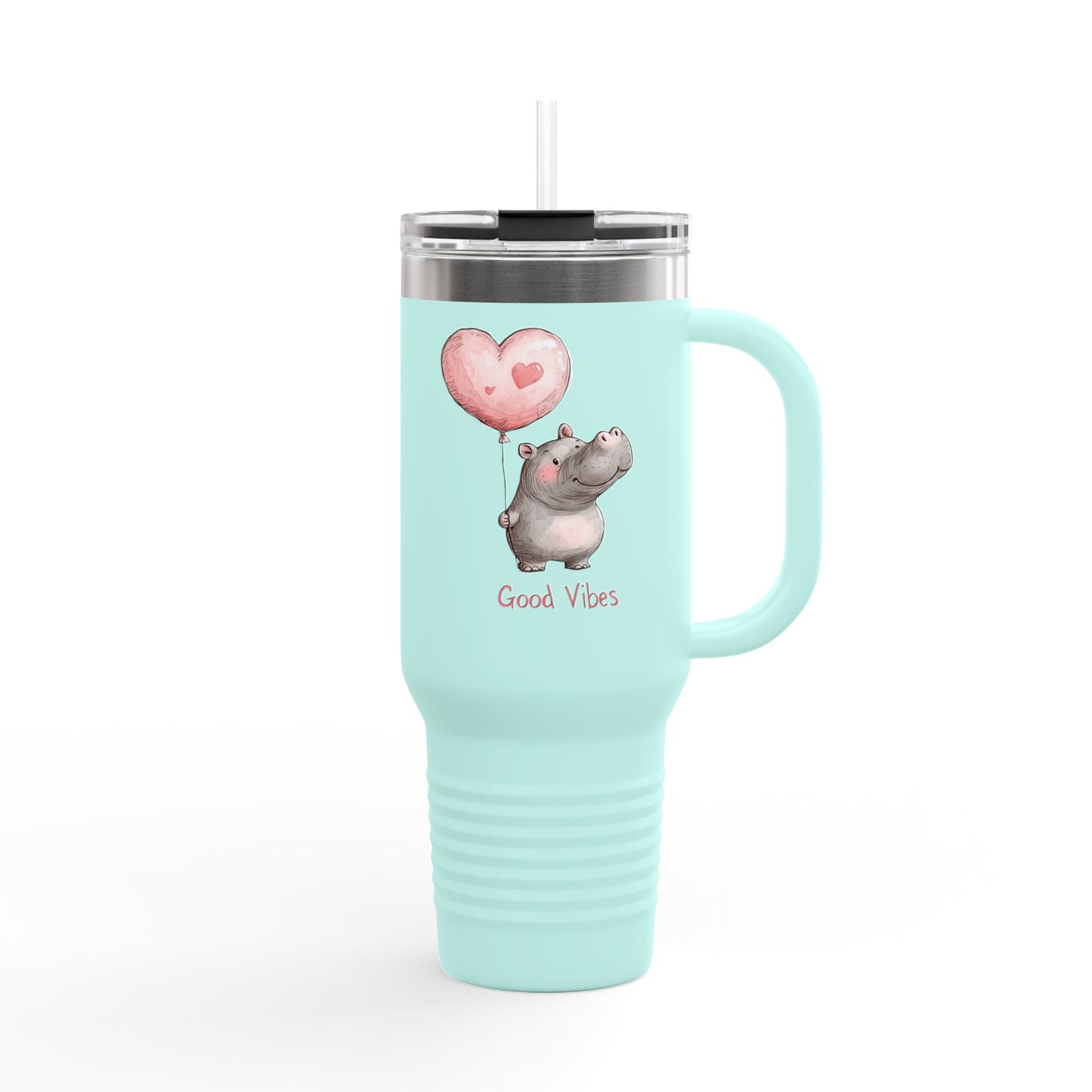Cute Hippo Good Vibes Insulated Travel Mug | 40oz | Fun Drinkware | Perfect for Travel, Gifts, Picnic, or Daily Use