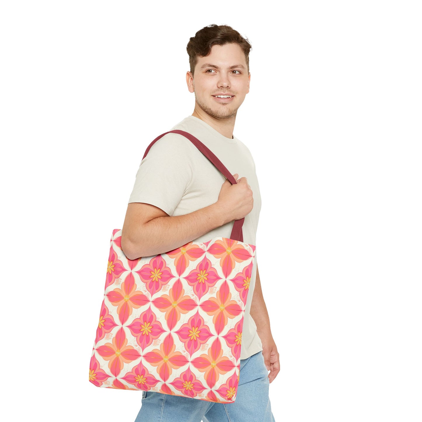 Pink Floral Geometric Tote Bag — All-Over Print Reusable Shopper