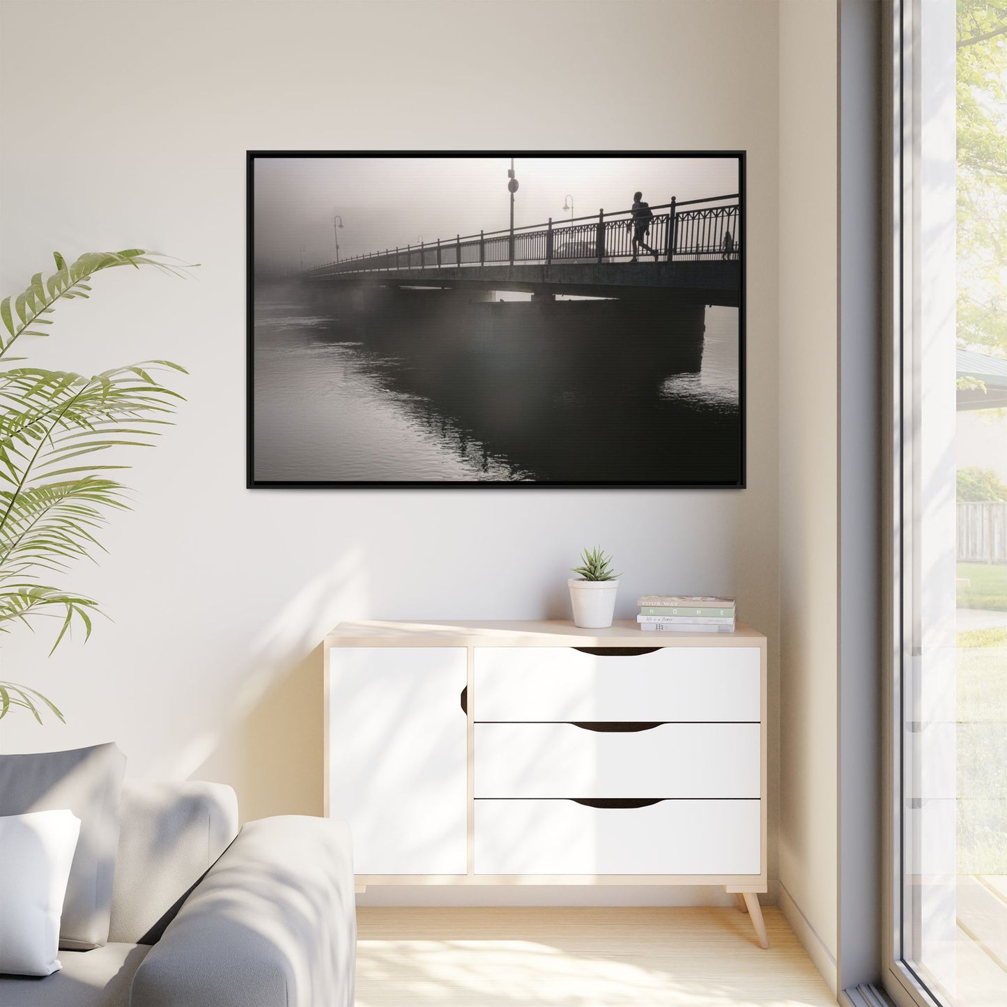 Framed Matte Canvas - Foggy Bridge Black & White Photography