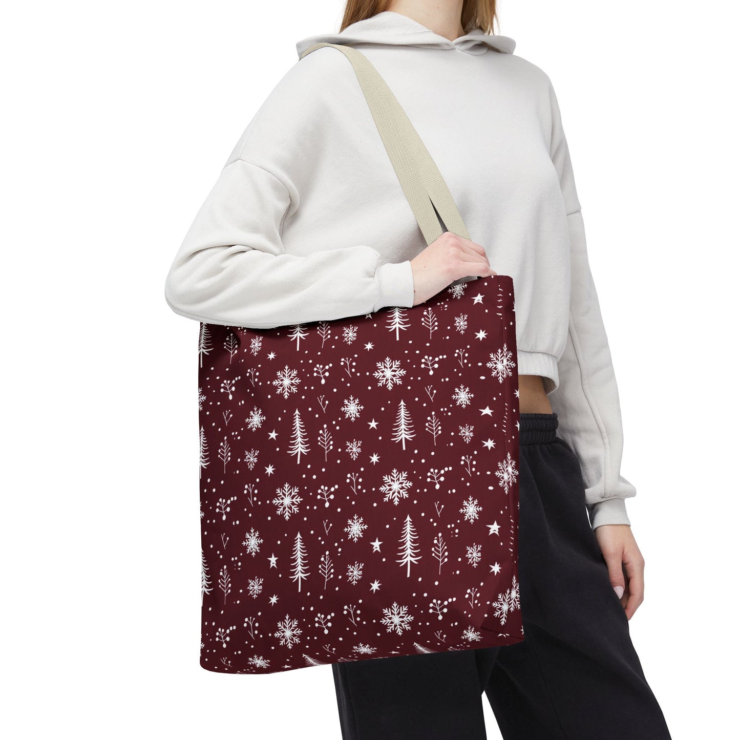 Christmas Snowflake Tote Bag – Burgundy Holiday Patterned Carryall