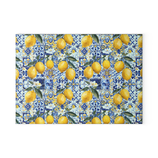 Lemon Tile Glass Cutting Board – Mediterranean Citrus Kitchen Decor