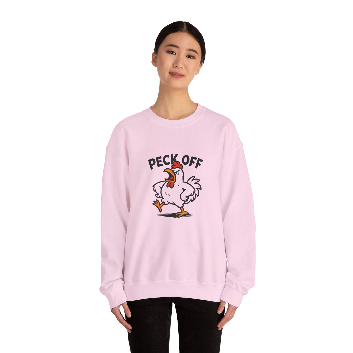 Crewneck Sweatshirt — 'Peck Off' Funny Angry Chicken Graphic