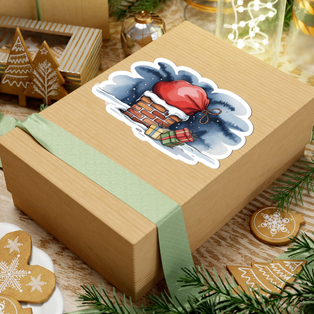Christmas Chimney Sticker — Santa Hat & Presents Kiss-Cut Holiday Sticker