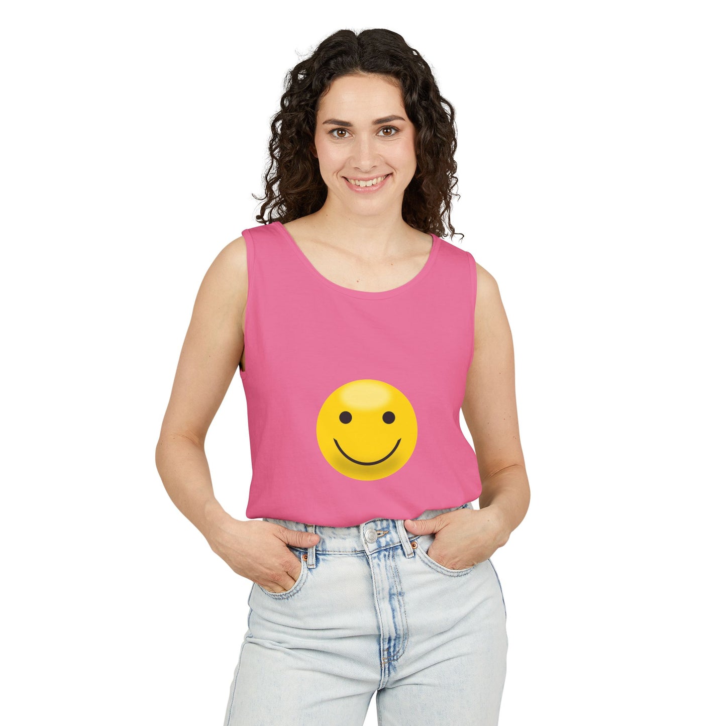 Smiley Face Tank Top, Summer Shirt, Casual Wear, Beach Outing, Gift for Friends, Positive Vibes Apparel